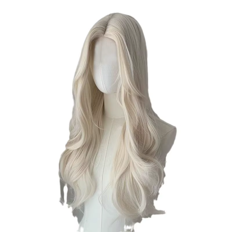 Perruque synthétique longue bouclée en or blanc