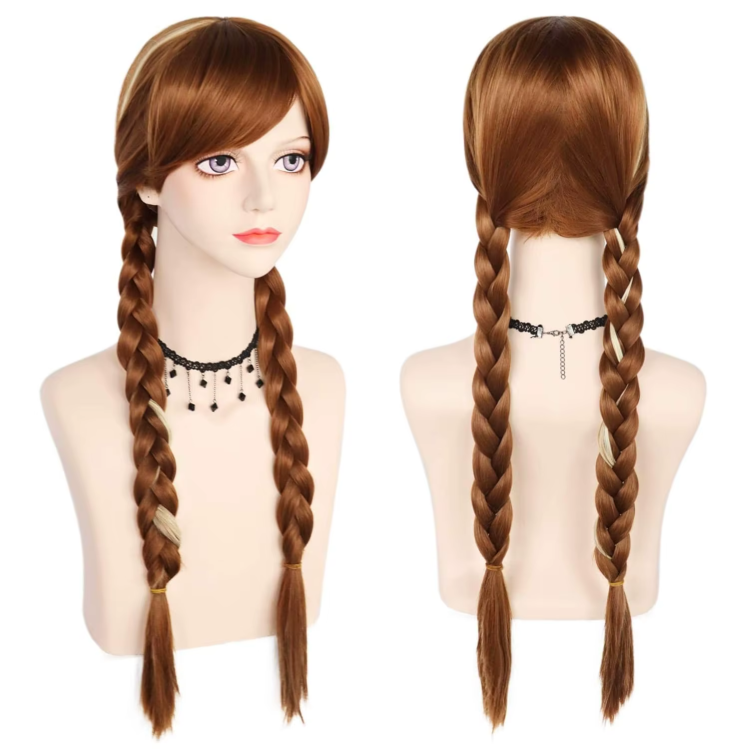 Perruque de Cosplay Longue Brune avec 2 Tresses pour Femme