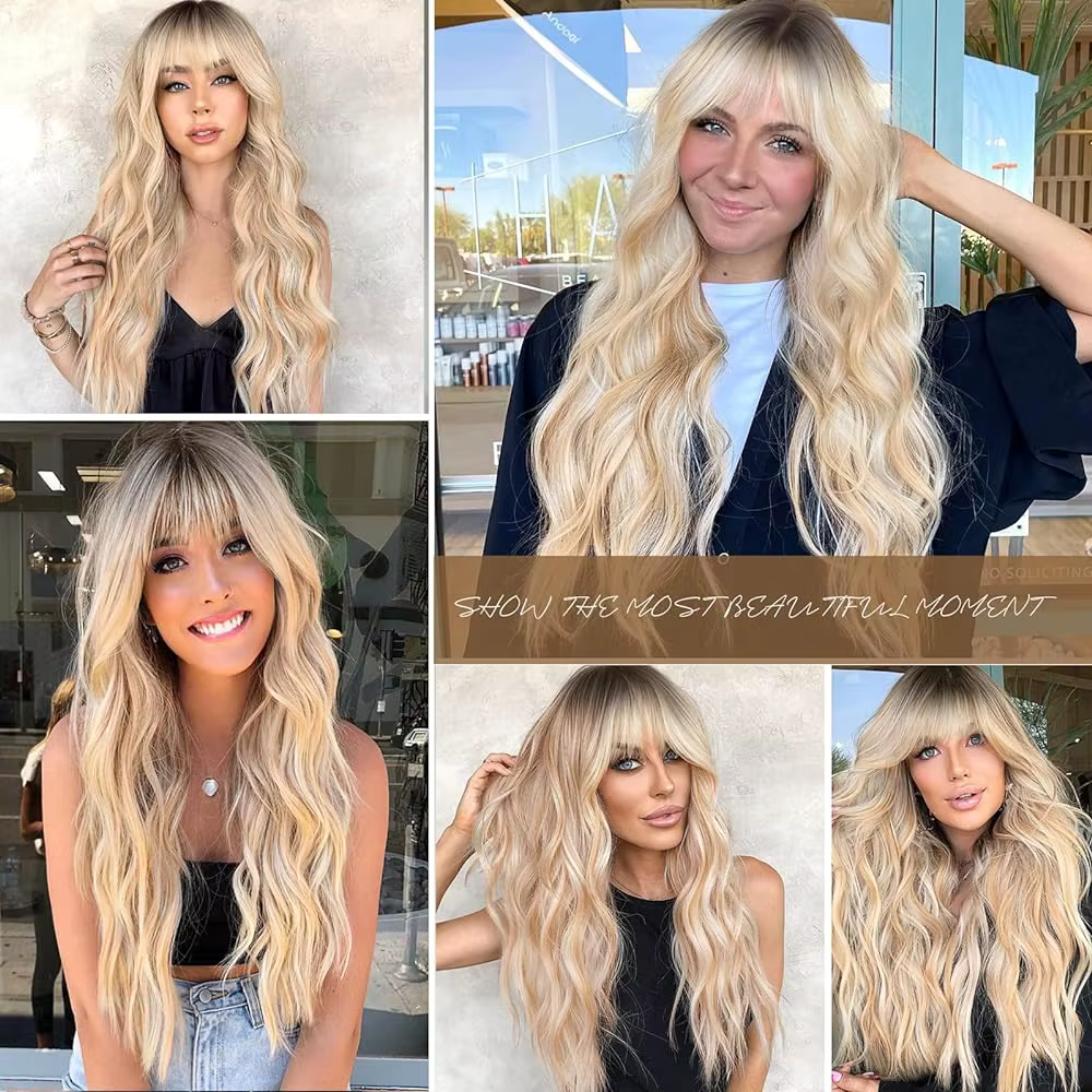 Perruques synthétiques longues blondes ombrées brunes