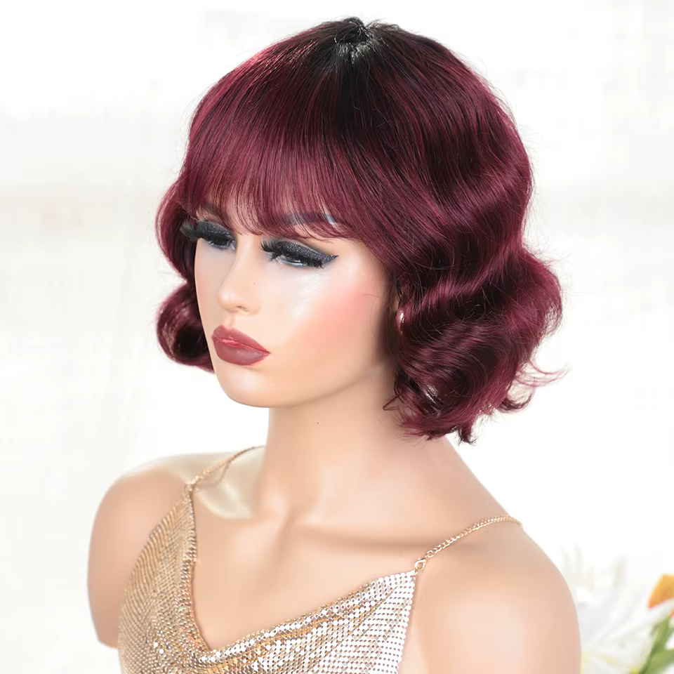 Perruques de cheveux humains Pixie Bob Cut avec frange pour femme