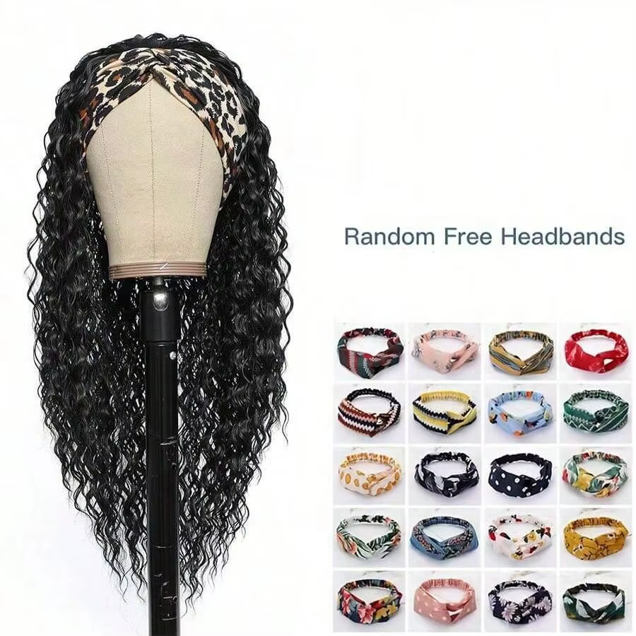 Perruque à bandeau longue de 24 pouces, bouclée et profonde, noire, synthétique, résistante à la chaleur, pour femmes, usage quotidien