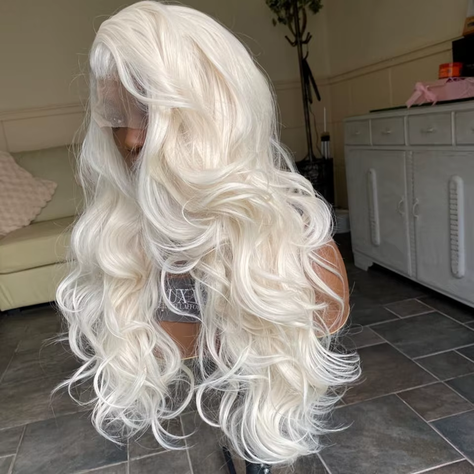 Perruque Lace Front Wig Synthétique Sans Colle Blond Platine
