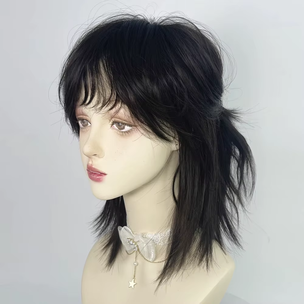 Perruque synthétique courte et lisse noire avec frange pour hommes