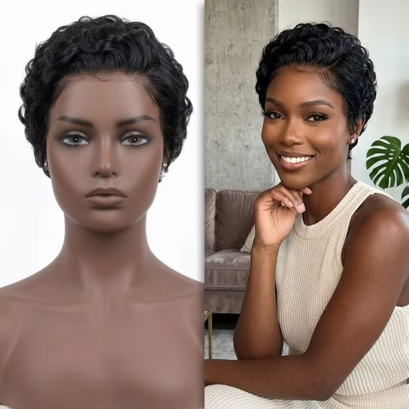 Perruque synthétique noire naturelle coupe pixie