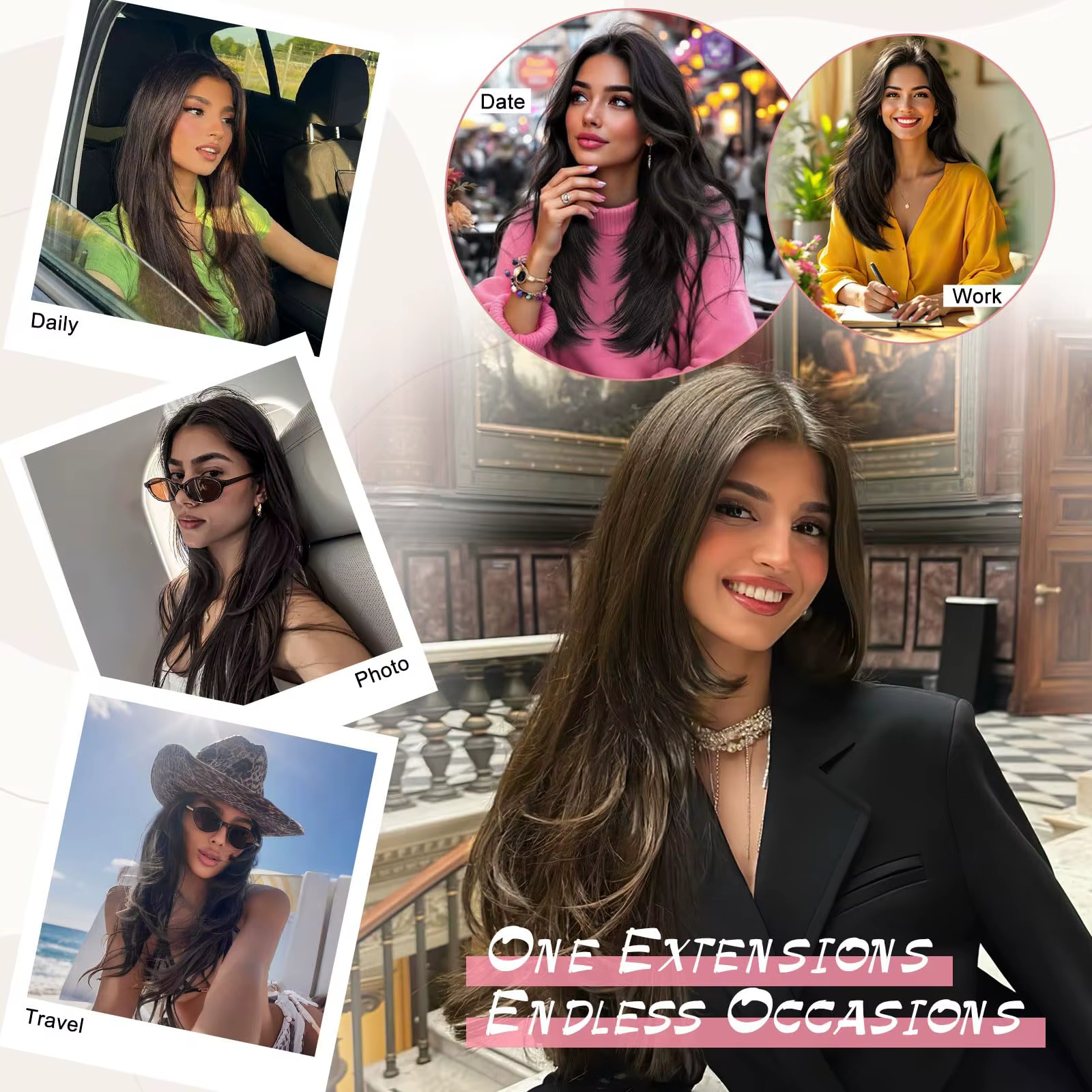 Extensions de cheveux noires à clipser pour femmes