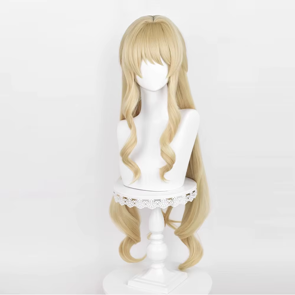 Genshin Impact Navia perruque synthétique longue ondulée Blonde moelleux jeu Cosplay femmes cheveux résistant à la