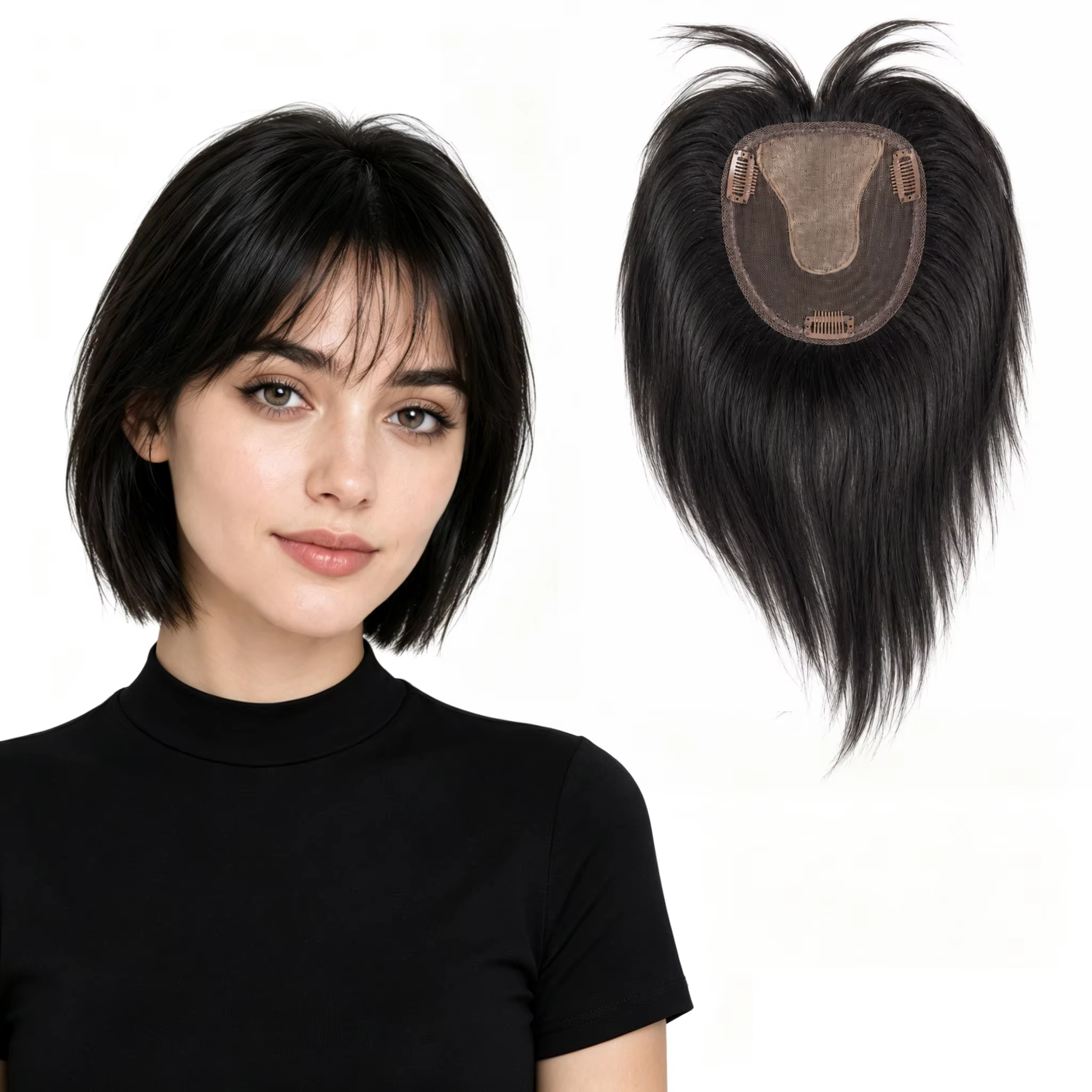 Extensions capillaires naturelles brésiliennes en T-part avec frange 3D à clipser pour femmes, couvrant la perte de cheveux, en cheveux humains