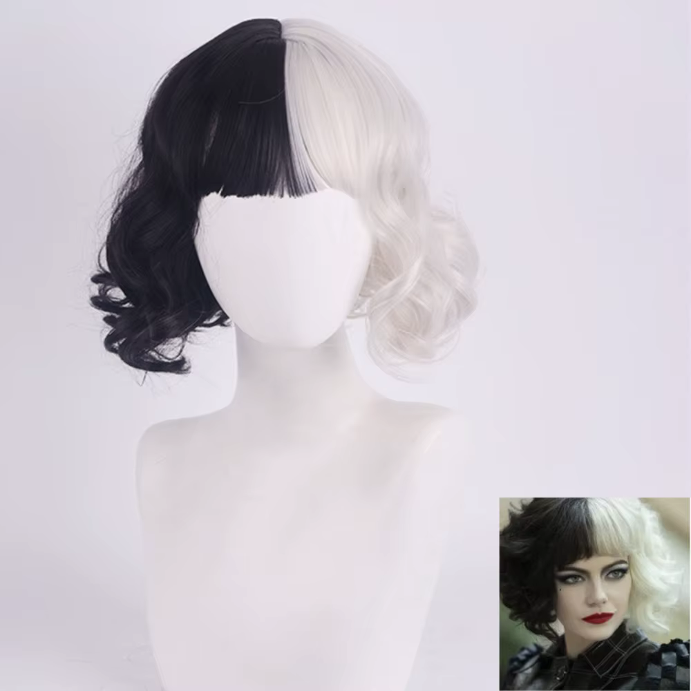 Perruques De Cosplay pour fête d'halloween CRUELLA Deville De Vil