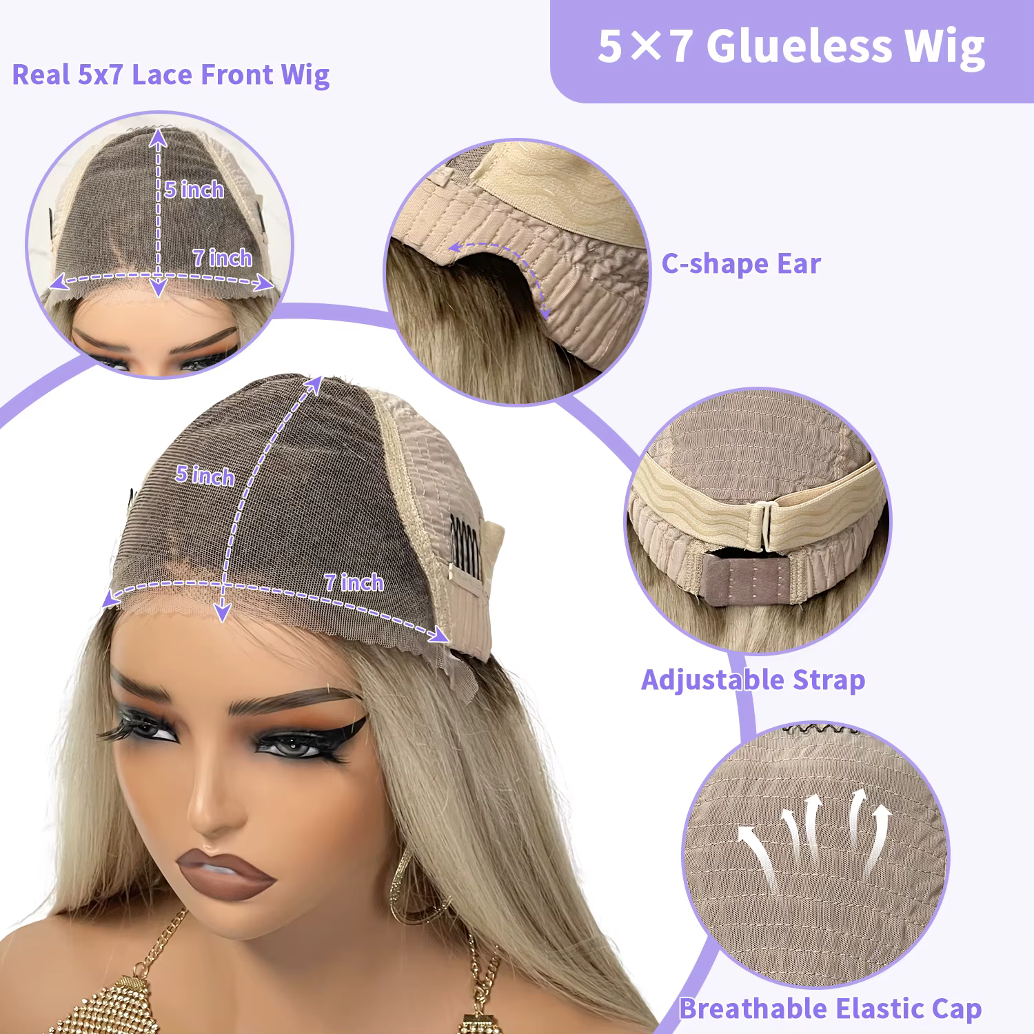 LUX VOGUE mettre en évidence la lune brumeuse doré élégant droit 100% perruque de cheveux vierges 5x7 mise à niveau sans colle perruques 210% densité casquette respirante