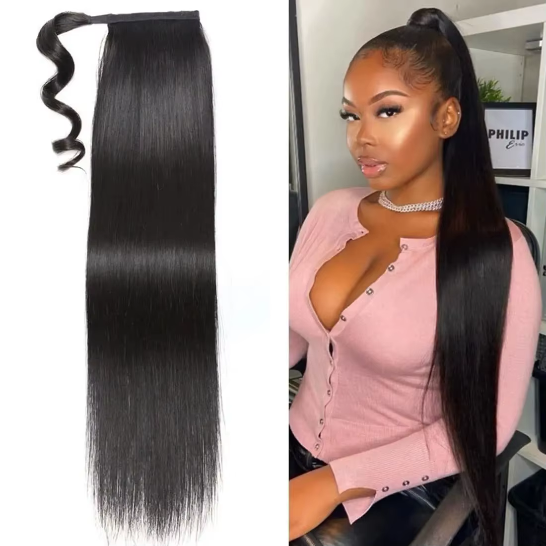 Queue de cheval cheveux humains longs raides envelopper autour des Extensions