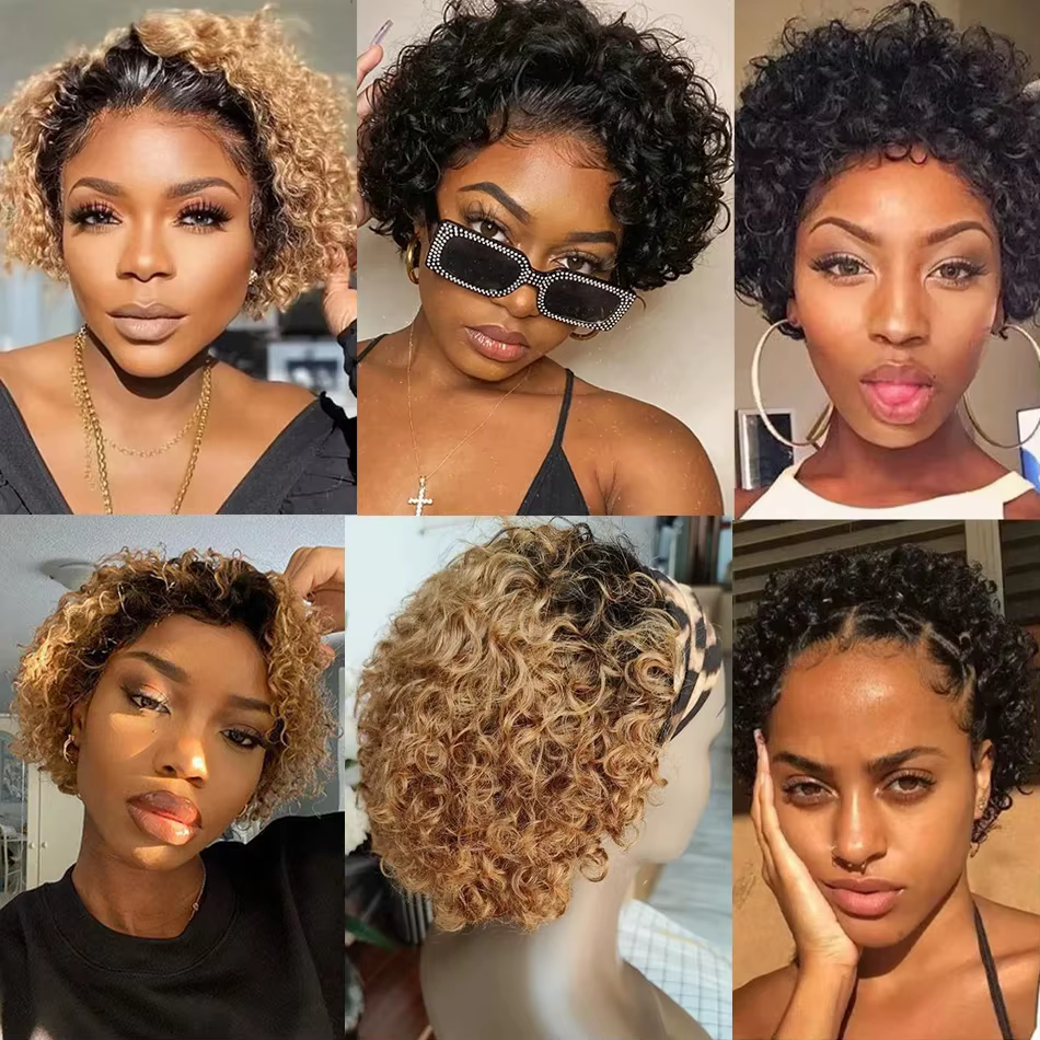 Perruque de cheveux humains bouclés coupe lutin