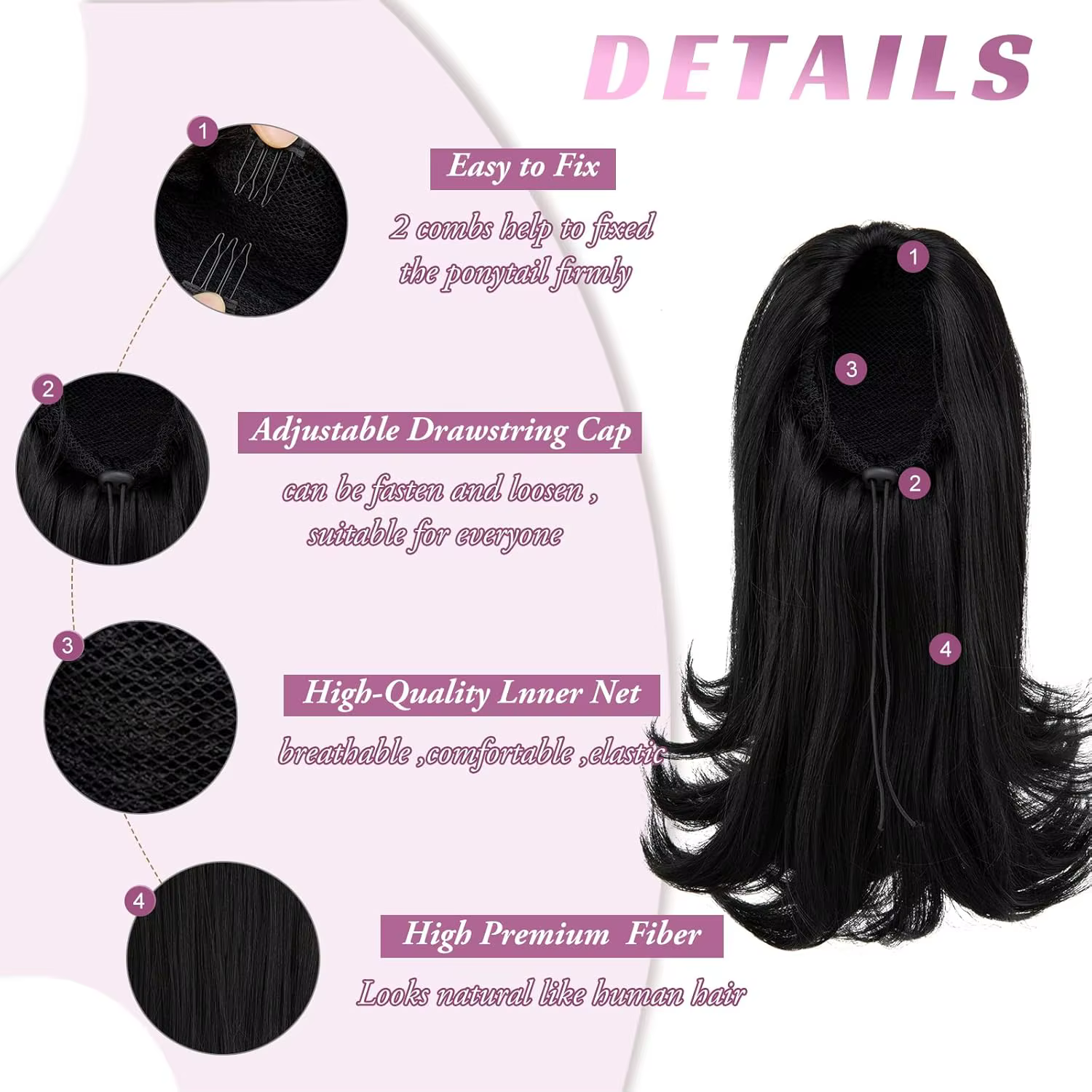 Extension de cheveux queue de cheval courte noire avec cordon pour femmes noires