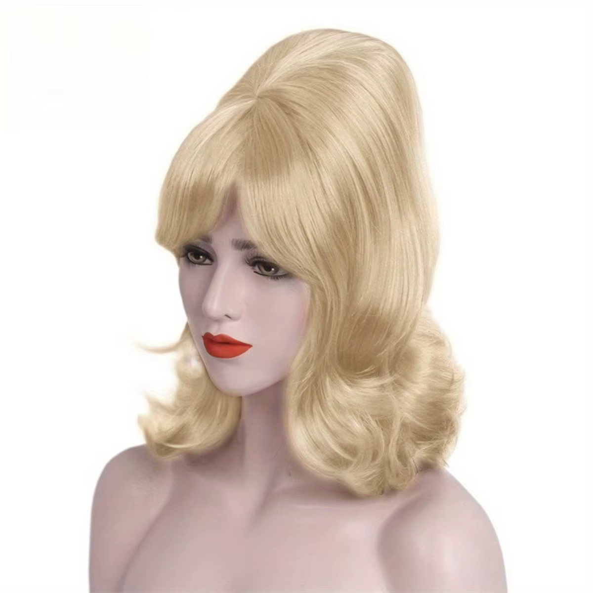 Perruque synthétique mi-longue ondulée blonde claire style rétro années 60 avec frange pour femme
