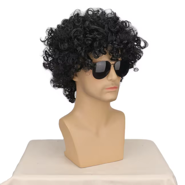 Perruque synthétique courte bouclée noire pour homme
