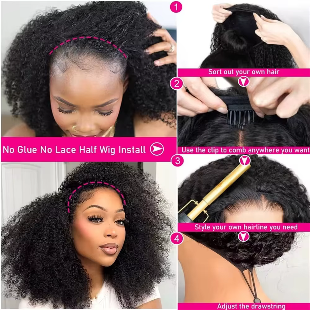 Demi-perruque de cheveux humains crépus bouclés