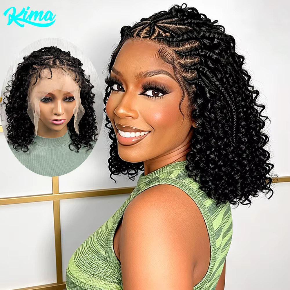 Perruque synthétique courte frisée KIMA Lace Front Cornrow avec tresses torsadées