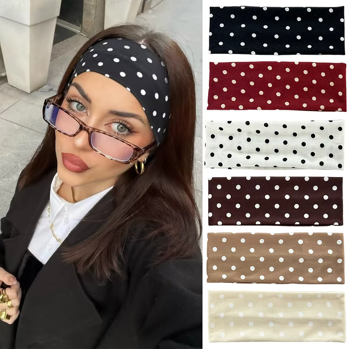 Y2K – bandeau extensible rétro à pois pour femmes et filles