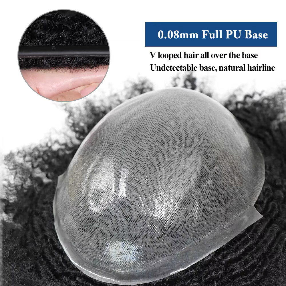 Afro bouclés toupet pour hommes peau mince pleine PU prothèse de cheveux humains 8mm africain mâle