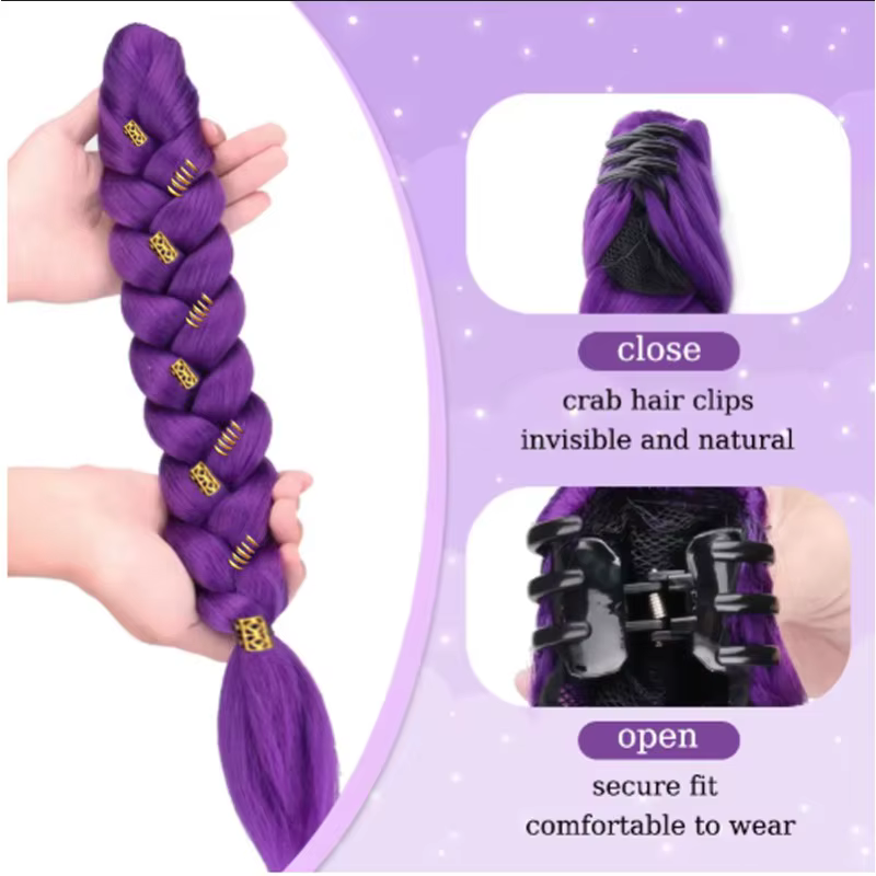 Extensions de queue de cheval tressée violette de 18 pouces avec pinces à cheveux dorées