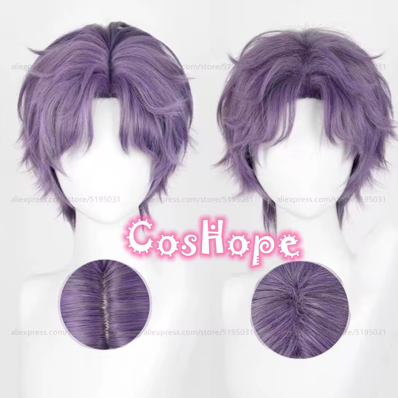 Rafayel Cosplay perruque 30 cm courte violet gris