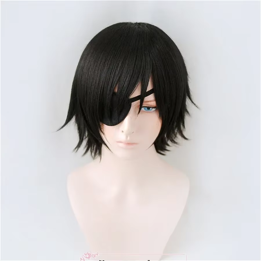 Himeno perruque tronçonneuse homme noir court moelleux couches cheveux synthétiques avec yeux Patch résistant à la chaleur Costume fête jouer