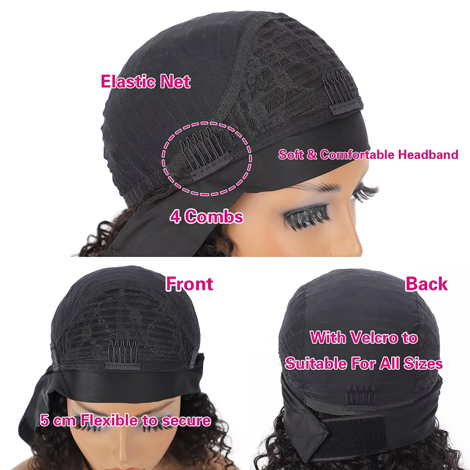 Perruque bandeau en cheveux humains bouclés, perruques brunes à enfiler, perruques bandeau sans colle avec bande élastique, coupe pixie, perruques bouclées en cheveux humains