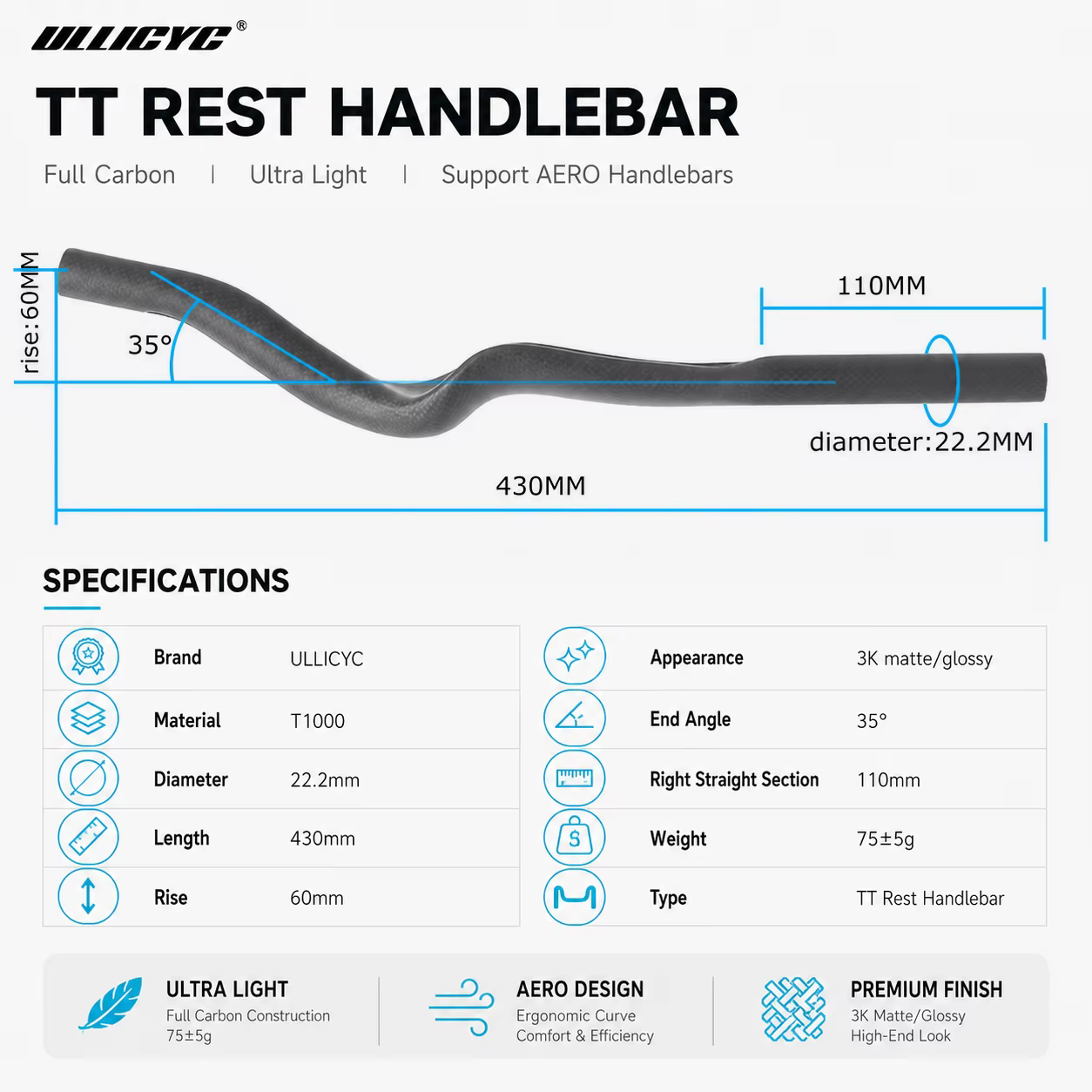 ULLICYC vélo de route Triathlon temps d'essai, repose-vélo entièrement en carbone mat/brillant 3K guidon TT 35 ° Pour guidon d'extension Aero