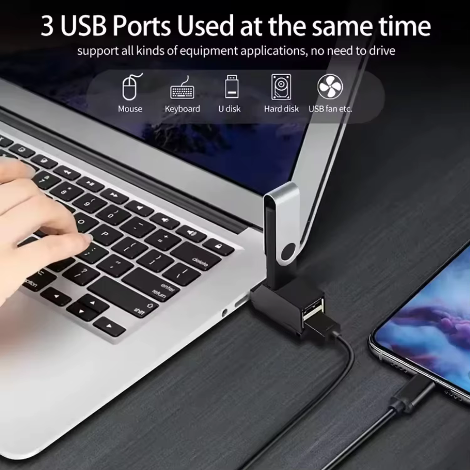 Adaptateur HUB USB 3.0, Mini boîtier répartiteur 1 à 3 ports, USB 2.0 haute vitesse pour PC portable, lecteur de carte U Disk