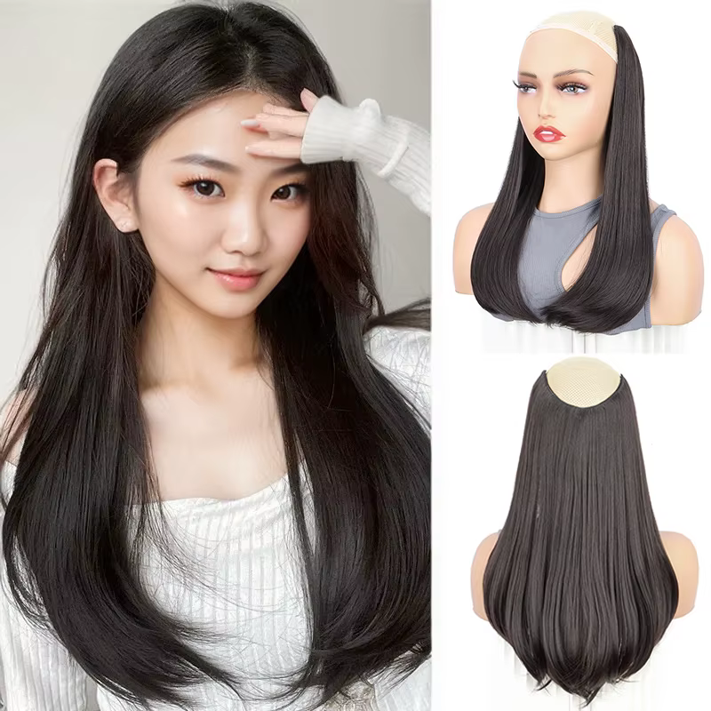 Extension capillaire synthétique en forme de V, 18 pouces, 4 Clips, postiche longue et lisse avec boucle interne, postiche noire et brune pour femmes