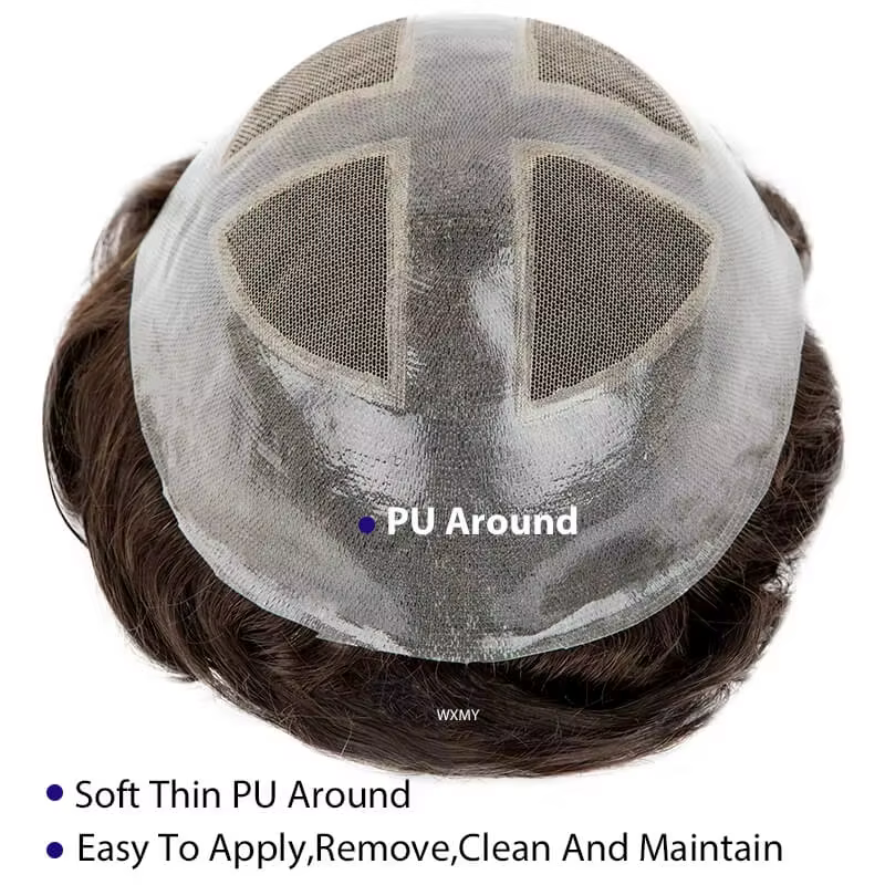 Toupet pour hommes croisé sur PU | Base de peau et dentelle + cadre en PU cheveux humains