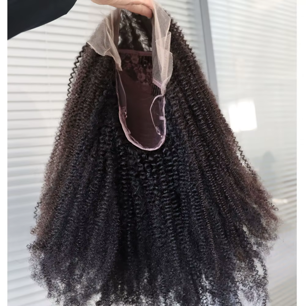4C Afro crépus bouclés vierge Remy cheveux humains dentelle frontale fermeture perruque # 1 perruques de style noir de