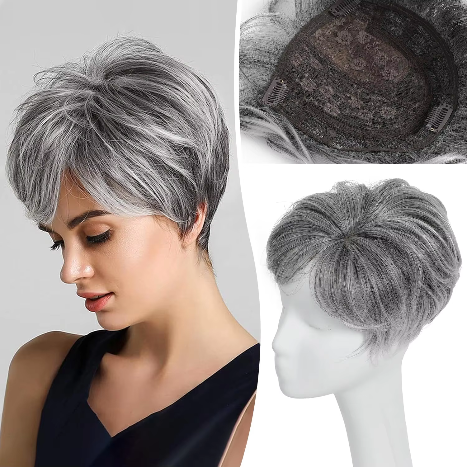 Extensions de cheveux synthétiques ondulés et volumineux gris coupe Pixie pour femmes