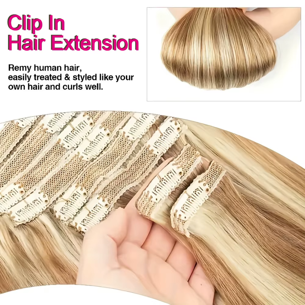 Extensions de cheveux lisses à clipser 120G 8/613 Blond Piano