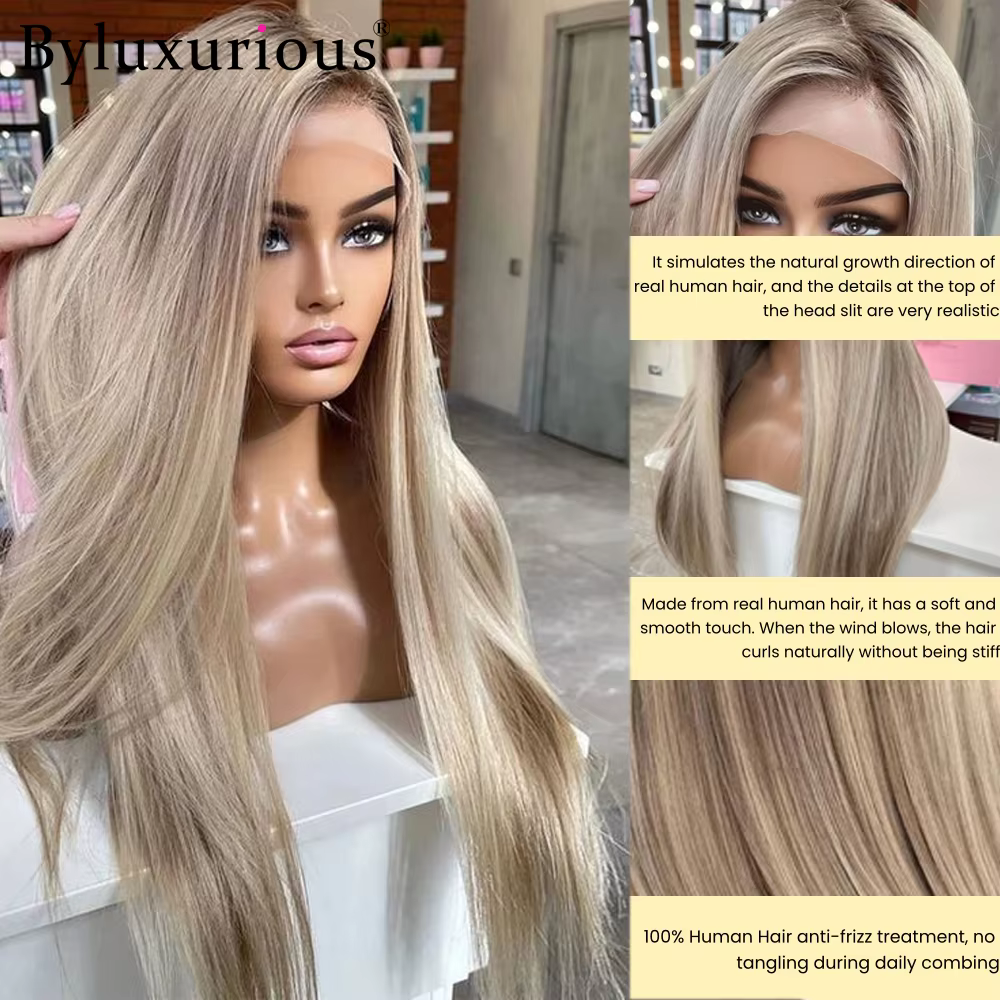 Byluxurious mettre en évidence cendré Mica gris droite 100% perruque de cheveux humains 13x 6/5x5 sans colle prêt à