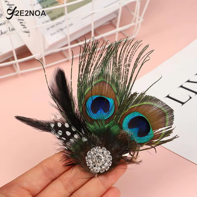 Pince à cheveux en plumes de paon pour filles