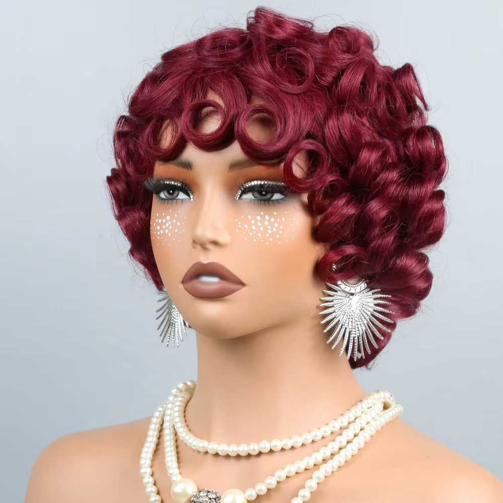Perruques Courtes en Cheveux Humains Bourgogne 99J pour Femmes Noires