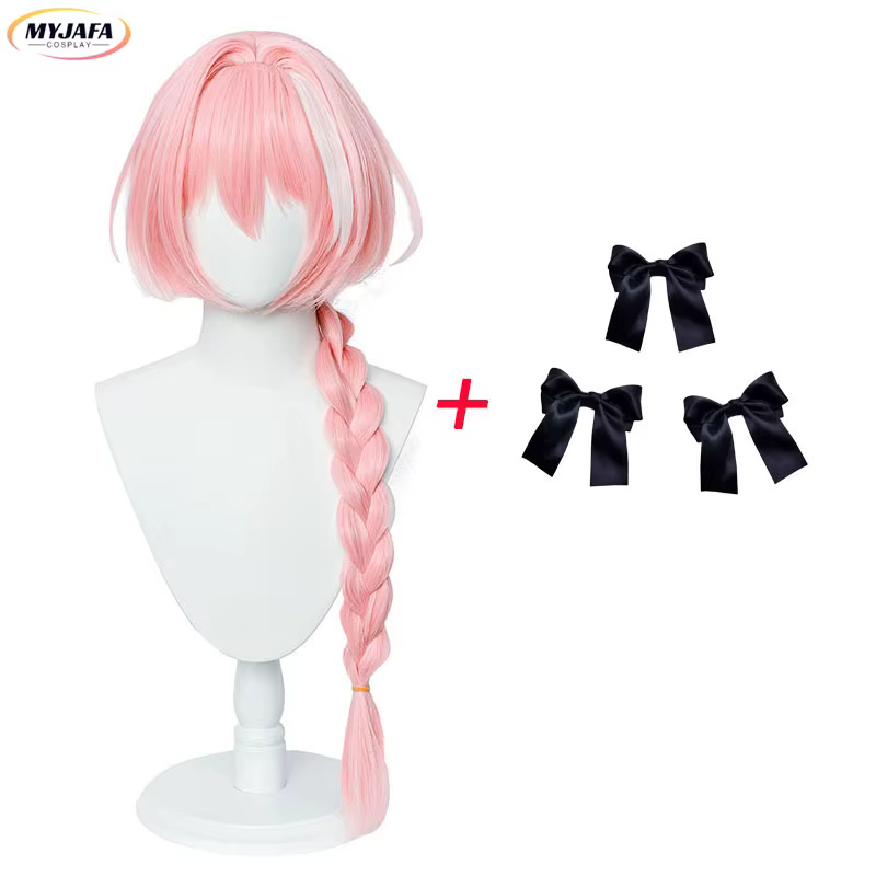 Perruque de cosplay Astolfo d'anime, perruque longue Astolfo Apocryph rose mélangé à des tresses blanches, cheveux synthétiques résistants à la chaleur, perruques de jeu de rôle + bonnet de perruque