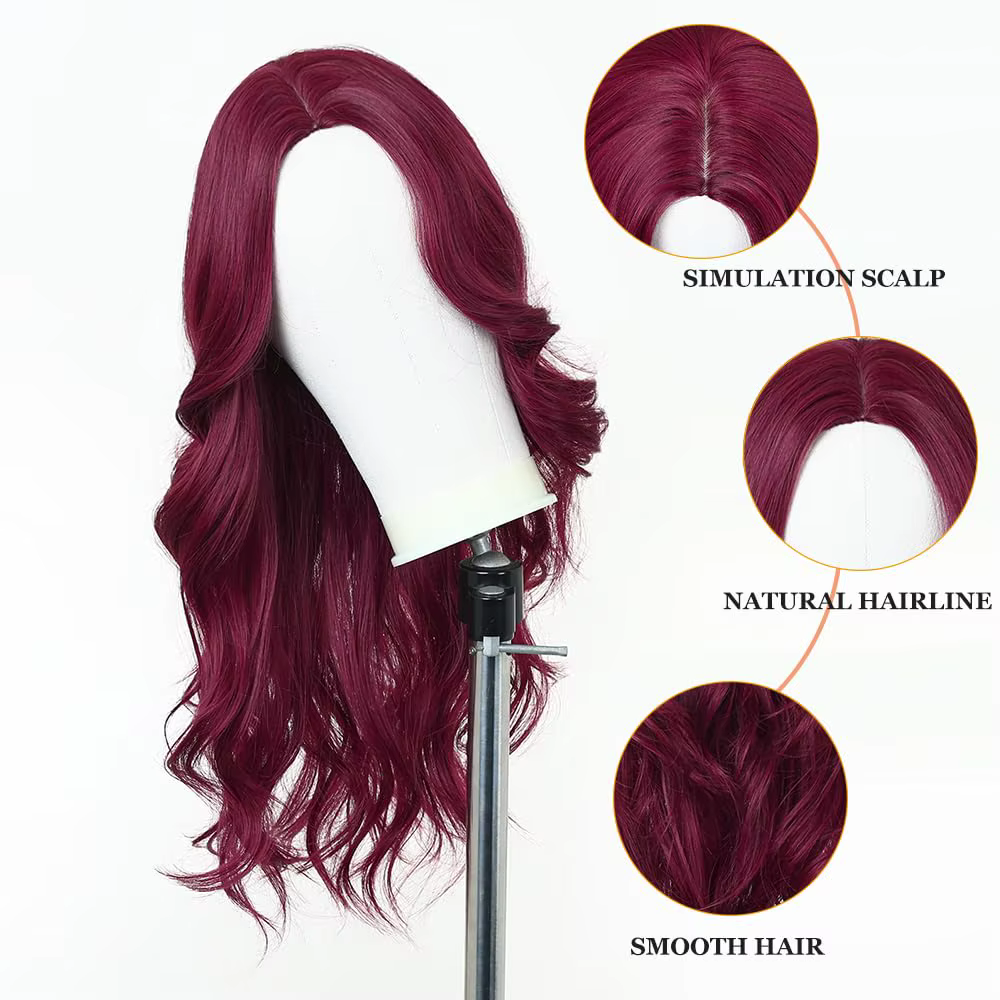 Perruque synthétique couleur vin rouge avec grandes boucles pour fête
