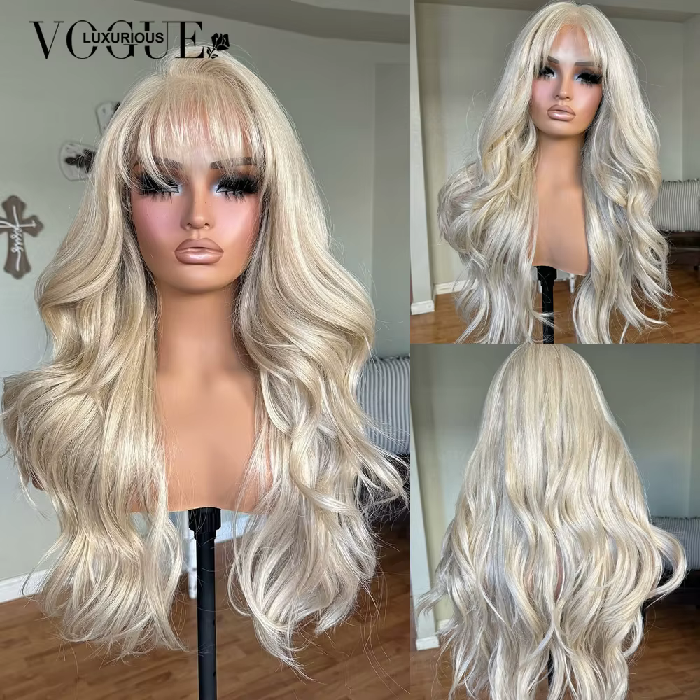 LUX VOGUE Platinum Blonde 100% perruque de cheveux humains avec frange 13x6 Transparent mise à niveau dentelle avant