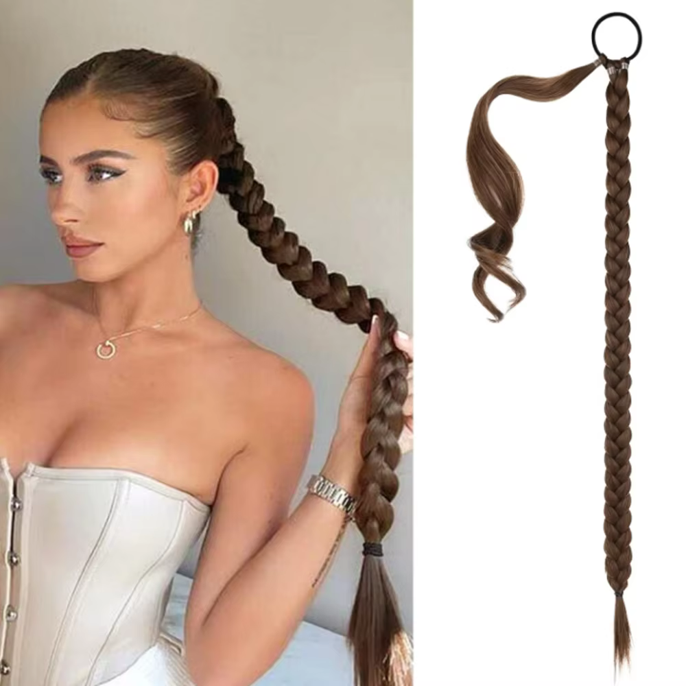 Extension de queue de cheval longue tresse avec cravate élastique enveloppement droit autour des Extensions de cheveux tressés postiche synthétique naturelle 30 pouces