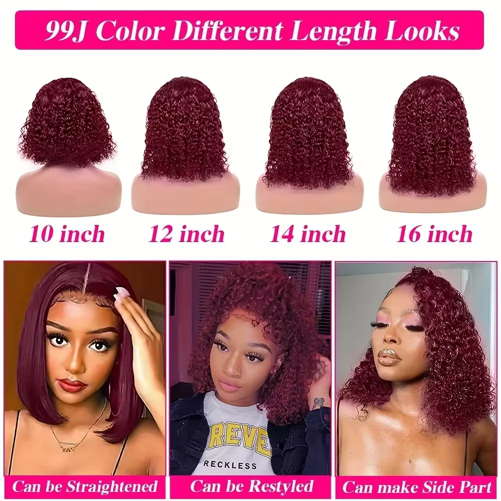 Perruque Lace Frontale 13x4 Courte Bob Bouclée Kinky Pré-Pluckée 99J Deep Wave Cheveux Humains Bourgogne Perruques
