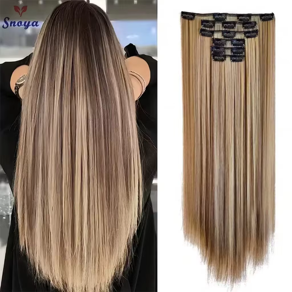 Extensions de cheveux synthétiques blondes et noires, 24 pouces de long, lisses, résistantes à la chaleur, 16 clips, 6 pièces/ensemble