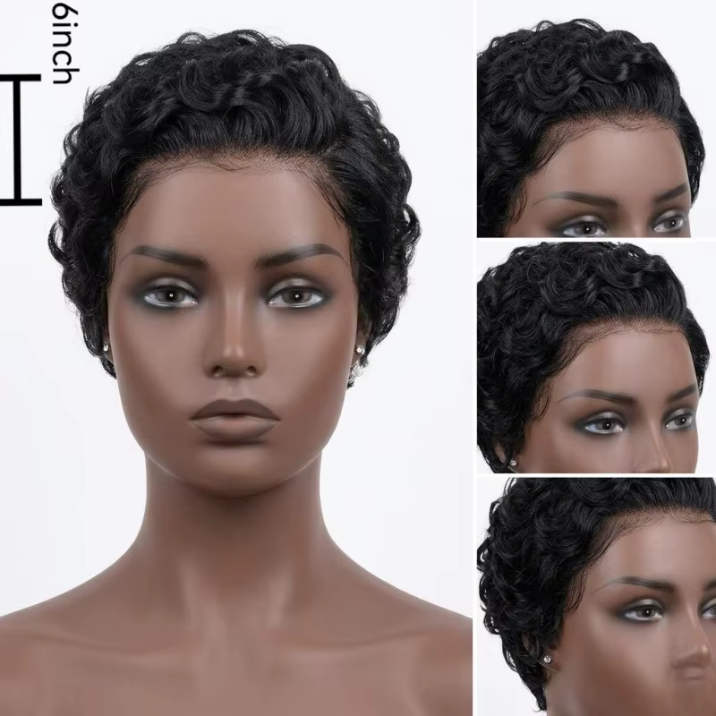 Perruque synthétique noire naturelle coupe pixie