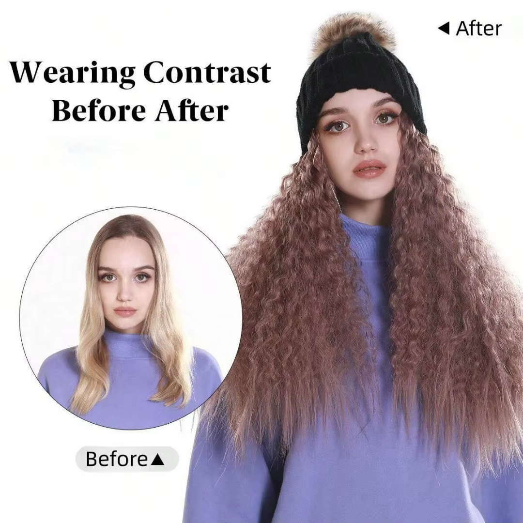 Bonnet sans visière avec extensions de cheveux longs bouclés ondulés