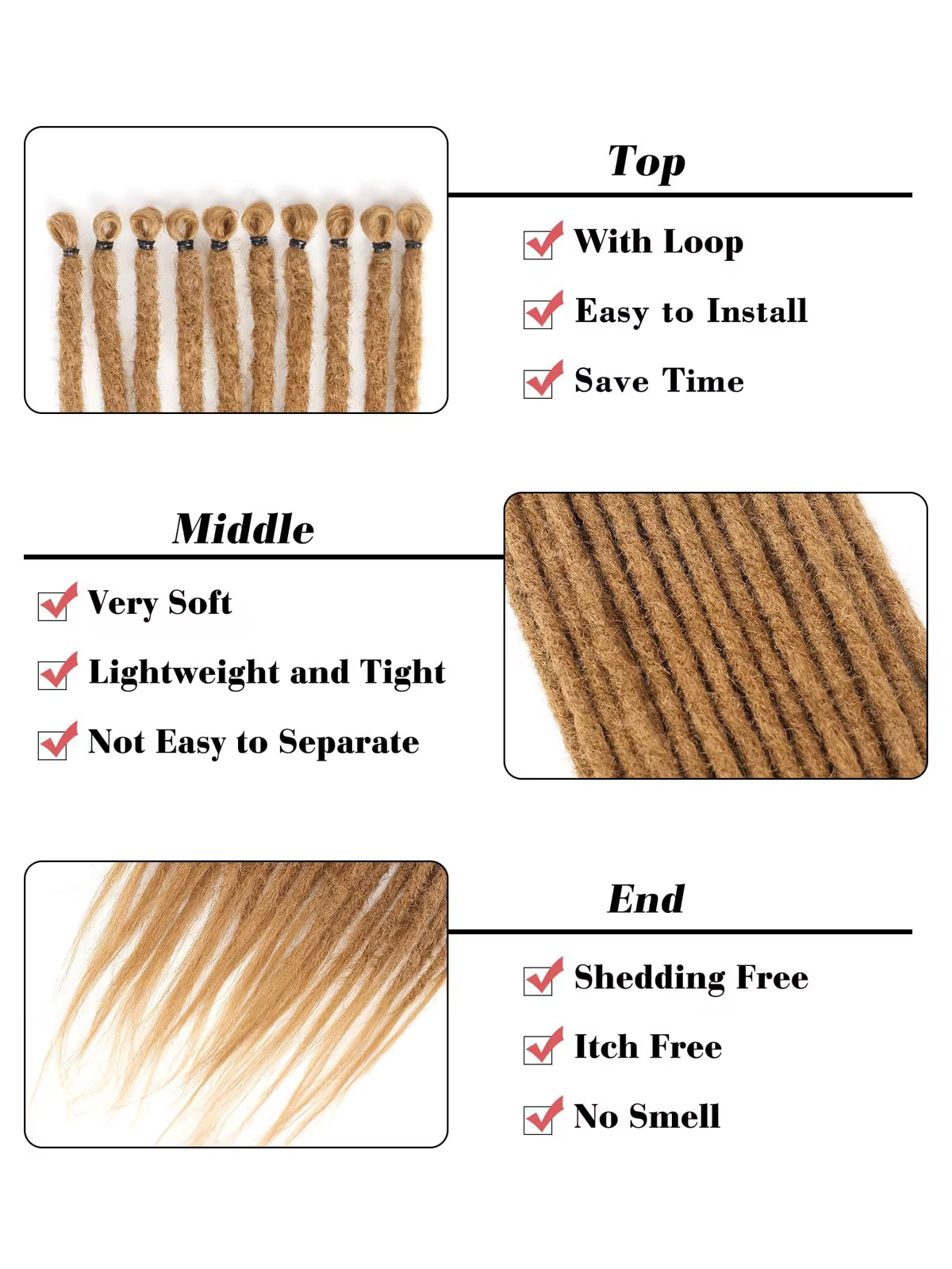 Extensions à clipser pour dreadlocks droits de 24 po | 10 brins | Cheveux synthétiques fins et doux | Look naturel |
