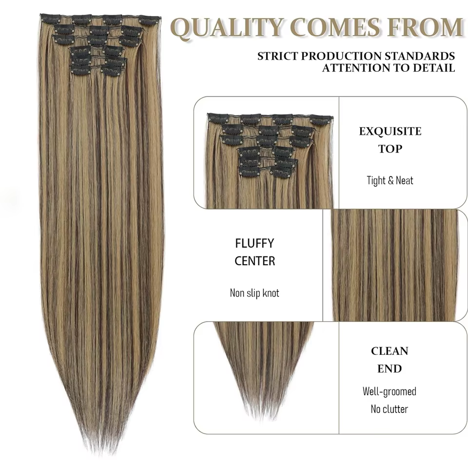 Extensions de cheveux synthétiques à clipser, mèches blondes longues et lisses, postiches complètes épaisses pour femmes et filles, lot de 6 pièces