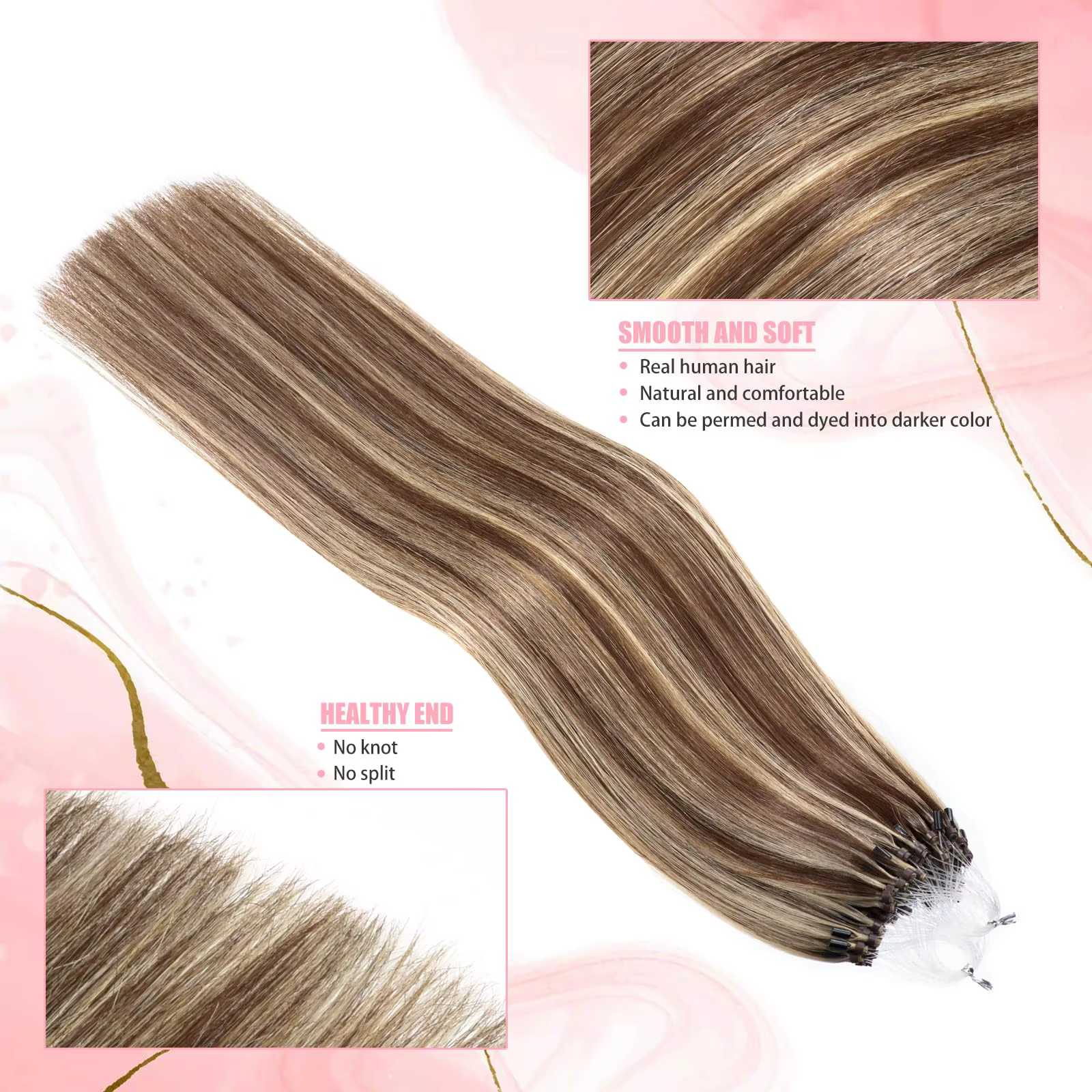 Extensions de cheveux humains 100% naturels à micro-anneaux, tissage droit professionnel avec anneaux pour un look naturel, couleurs 1B-613