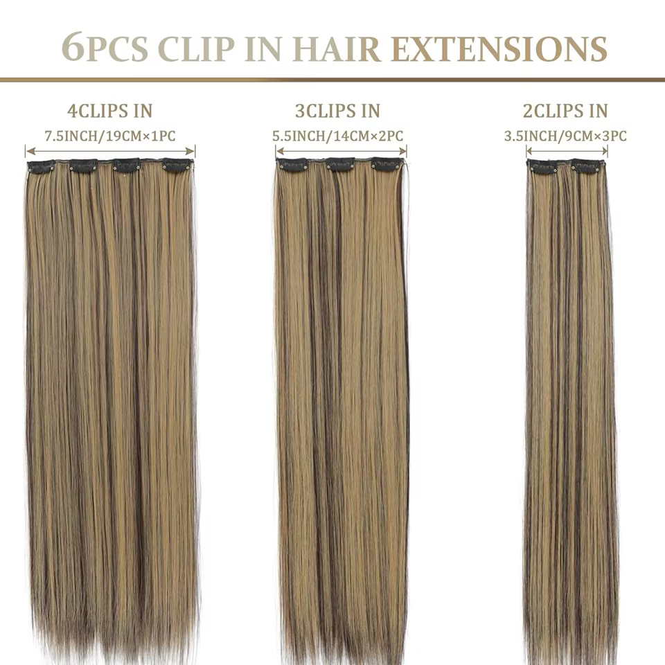 Extensions de cheveux synthétiques à clipser, mèches blondes longues et lisses, postiches complètes épaisses pour femmes et filles, lot de 6 pièces