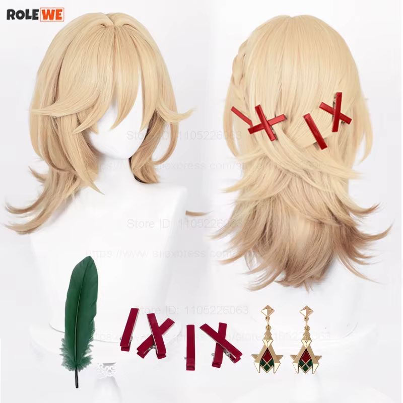 Perruque de cosplay Kaveh de haute qualité, perruque synthétique résistante à la chaleur, longue de 50 cm, en lin doré avec tresse + bonnet de perruque