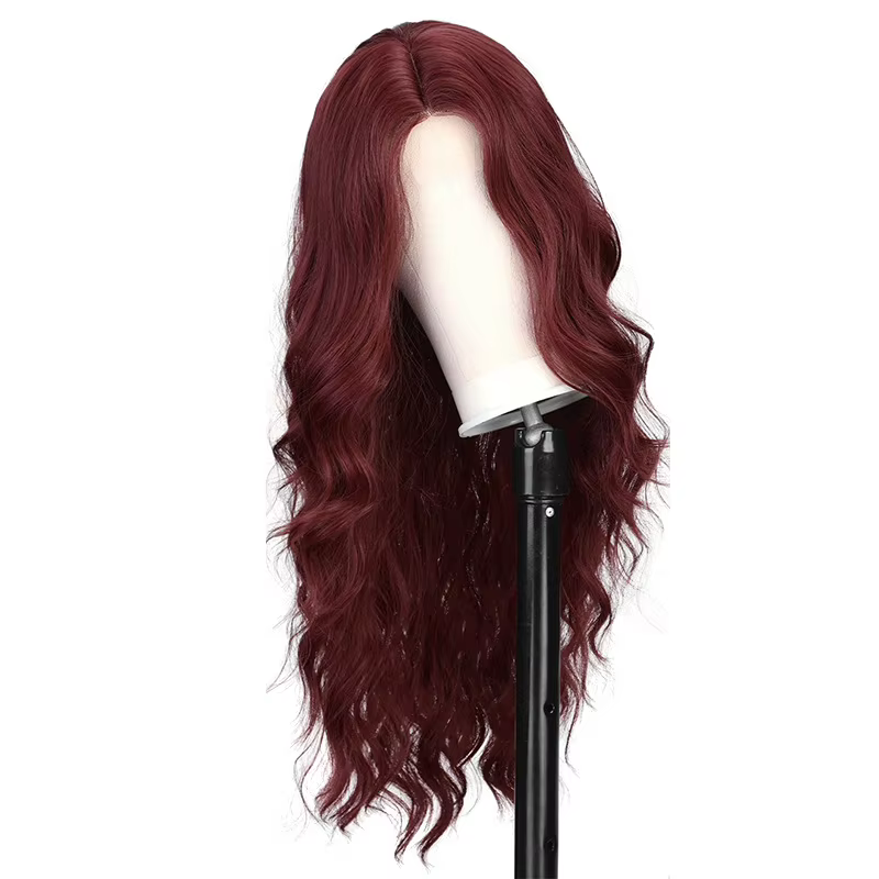 Perruque synthétique couleur vin rouge avec grandes boucles pour Halloween